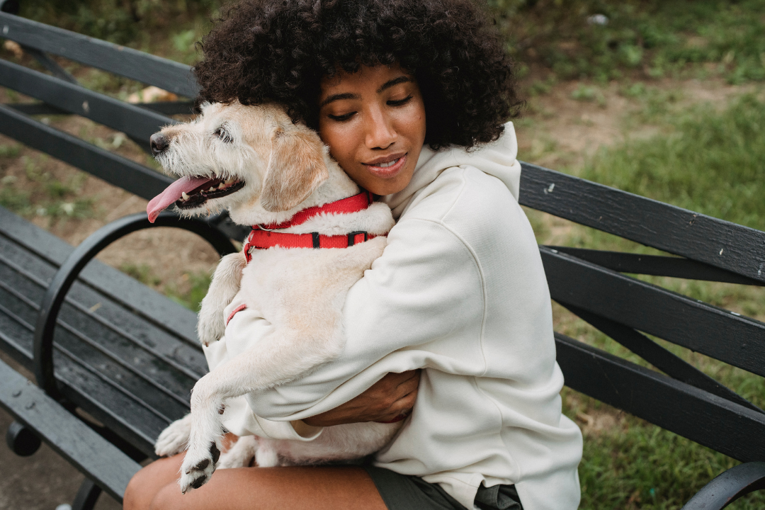 Sobre um fundo de uma praça, uma moça está sentada em um banco de madeira escura. Ela sorri levemente e está abraçando seu pet, o cachorrinho encontra-se em seu colo, ele tem a pelagem clara.